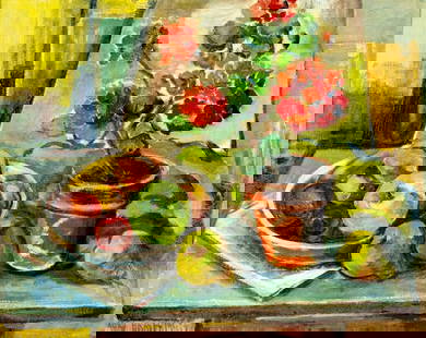 Adria T Braverman (US,early 20C) oil painting antique: ARTIST: Adria T Braverman (American, early 20 century) TITLE: Fruits and Flowers (titled on label) YEAR: 1986 MEDIUM: oil on canvas CONDITION: Overall go