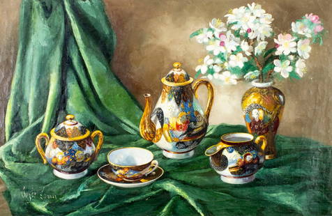 Zsuzsanna Suger (Hungary,1939-?) oil painting: ARTIST: Zsuzsanna Suger (Hungarian, 1939 - ???) TITLE: Still Life with Tea Set and Vase of Flowers MEDIUM: oil on canvas CONDITION: Unstretched (In-House stretching availa