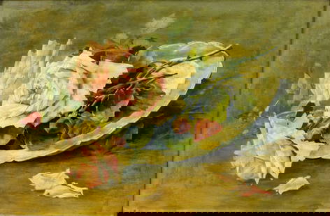 Enrique P Cristina (Europe,mid 20C) oil painting antique: ARTIST: Enrique P Cristina (European, mid 20 century) TITLE: Still Life with Roses YEAR: 1942 MEDIUM: oil on board CONDITION: Very minor craquelure. No v