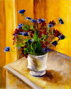 Nevada Carr (US,20C) oil painting: ARTIST: Nevada Carr (American, 20 century) TITLE: Still Life with Vase of Flowers MEDIUM: oil on canvas CONDITION: Unstretched (In-House stretching available). Few small pai