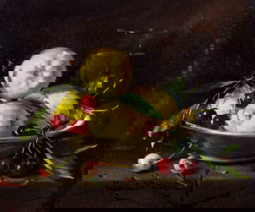 Vladimir Ruzicka (Czech,1913-?) oil painting: ARTIST: Vladimir Ruzicka (Czech Republic, 1913 - ???) TITLE: Still Life with Pears and Cherries MEDIUM: oil on canvas CONDITION: Unstretched (In-House stretching available