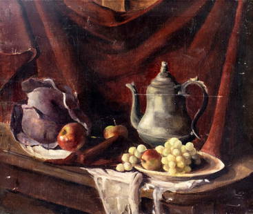 Dorothy Earls (US,20C) oil painting: ARTIST: Dorothy Earls (American, 20 century) TITLE: Still Life with Cabbage, Fruits and Kettle MEDIUM: oil on canvas CONDITION: Some scratches/paint losses. Few minor inpain