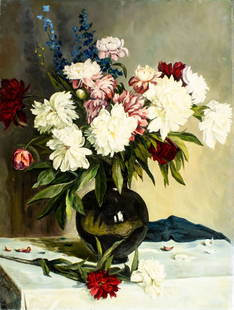 Viktor Ilyushkin (Russia,b 1946) oil painting: ARTIST: Viktor Nikolayevich Ilyushkin (Russian, born 1946) TITLE: Still Life with Peonies (titled on verso) YEAR: 2010 MEDIUM: oil on canvas CONDITION: Unstretched (In-House stretching available).