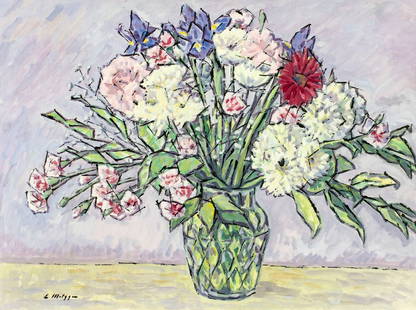 Evelyn Metzger (NY,Brazil,1911-2007) oil painting: ARTIST: Evelyn Borchard Metzger (New York, Brazilian, 1911 - 2007) TITLE: Still Life with Vase of Flowers MEDIUM: oil on board CONDITION: Few faint scratches. No visible i