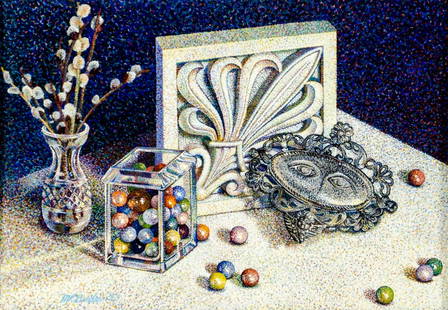 Marie R Bender (PA,20C) oil painting: ARTIST: Marie R Bender (Pennsylvania, 20 century) TITLE: Still Life - Bathroom, White House, Washington DC (titled on verso) YEAR: 1983 MEDIUM: oil on cardboard CONDITION: Very good. Framed under the