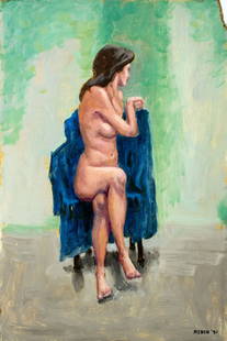 Reber (US,20C) oil painting: ARTIST: Reber (American, 20 century) TITLE: Seated Nude YEAR: 1991 MEDIUM: oil on board CONDITION: Some damages to upper corners. Some small scratches/paint losses mostly by the edges. No visible