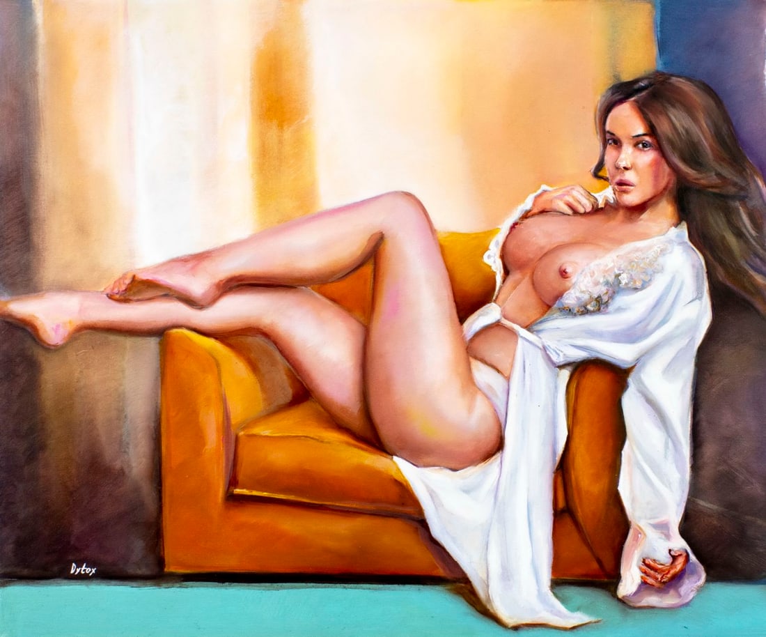 Dmitro Yaschenko (Ukraine,b 1990) oil painting: ARTIST: Dmitro Yaschenko (Ukrainian, born 1990) TITLE: Reclining Female Semi Nude MEDIUM: oil on canvas CONDITION: Unstretched (In-House stretching available). Very good. No