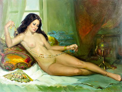 Francisco Vadillo (Venezuela,1933-?) oil painting: ARTIST: Francisco Vadillo (Venezuelan, 1933 - ???) TITLE: Nude - La Favorita (titled on verso) YEAR: 1988 MEDIUM: oil on canvas CONDITION: Few minor paint losses. No visible inpaint under UV light.