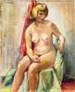 Edward Colker (NY,IL,1927-?) oil painting: ARTIST: Edward Colker (New York, Illinois, 1927 - ???) NAME: Seated Nude MEDIUM: oil on canvas CONDITION: Few minor paint losses. Normal wear along edges. No visible inpaint under UV light. SIGHT