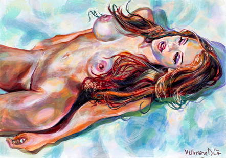 Valentin Ukrainets (Ukraine,b 1965) acrylic painting: ARTIST: Valentin Ukrainets (Ukrainian, born 1965) TITLE: Nude - Figure of a Beautiful Girl (titled on verso) MEDIUM: acrylic on heavy paper CONDITION: Very good. No visible inpaint under UV light.