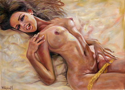 Valentin Ukrainets (Ukraine,b 1965) oil painting: ARTIST: Valentin Ukrainets (Ukrainian, born 1965) TITLE: Nude - Playful Beauty (titled on verso) MEDIUM: oil on canvas CONDITION: Unstretched (In-House stretching available)