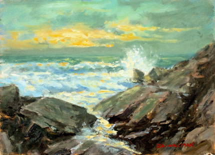 Robert Waltsak (NJ,b 1944) oil painting: ARTIST: Robert Alan Waltsak (New Jersey, born 1944) TITLE: Sunset Seascape MEDIUM: oil on canvas board CONDITION: Very good. No visible inpaint under UV light. AR