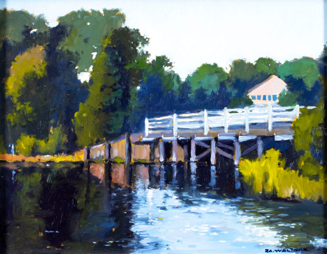 Robert Waltsak (NJ,b 1944) oil painting: ARTIST: Robert Alan Waltsak (New Jersey, born 1944) TITLE: River Landscape MEDIUM: oil on board CONDITION: Very good. No visible inpaint under UV light. Wear to frame.