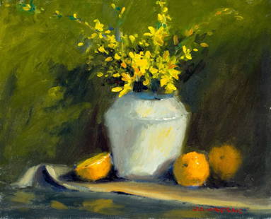 Robert Waltsak (NJ,b 1944) oil painting: ARTIST: Robert Alan Waltsak (New Jersey, born 1944) TITLE: Still Life with Vase of Flowers and Oranges MEDIUM: oil on canvas CONDITION: Overall good. No visible inpaint unde
