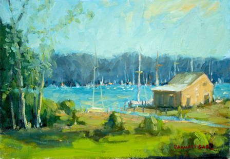 Robert Waltsak (NJ,b 1944) oil painting: ARTIST: Robert Alan Waltsak (New Jersey, born 1944) TITLE: Lake Landscape with Boats MEDIUM: oil on canvas CONDITION: Very good. No visible inpaint under UV light. Normal we