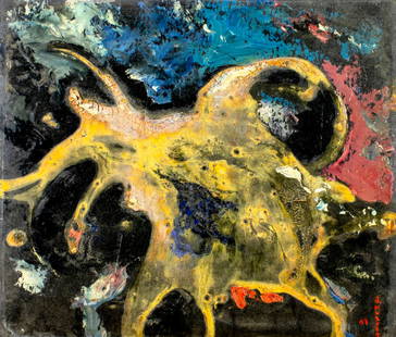 John Huszer (RI,1912-1983) oil painting: ARTIST: John E Huszer (Rhode Island, 1912 - 1983) TITLE: Abstract Composition YEAR: 1963 MEDIUM: oil on paper. Paper applied to board. CONDITION: Some pa