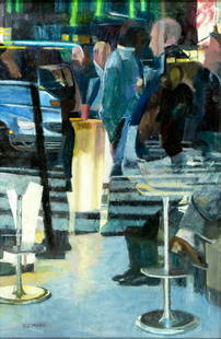 Elinore Schnurr (NY,OH,1932-?) oil painting: ARTIST: Elinore Schnurr (New York, Ohio, 1932 - ???) TITLE: The Blue Car (titled on verso) MEDIUM: oil on board CONDITION: Overall good. No visible inpaint under UV light.