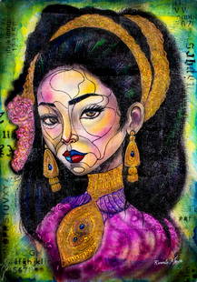 Ricardo Maya (Cuba,Nicaragua,b 1969) acrylic painting: ARTIST: Ricardo Maya (Cuban, Nicaraguan, born 1969) TITLE: Portrait of Woman MEDIUM: acrylic on board CONDITION: Minor damages to corners. No visible inpaint under UV light.