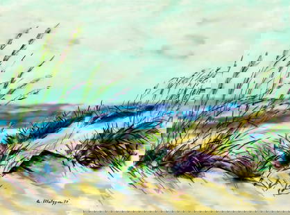 Evelyn Metzger (NY,Brazil,1911-2007) acrylic painting: ARTIST: Evelyn Borchard Metzger (New York, Brazilian, 1911 - 2007) TITLE: Coastal Landscape YEAR: 1990 MEDIUM: acrylic on board CONDITION: Some small d