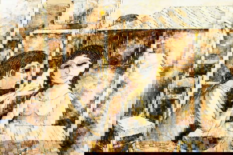 Cardani (Italy,20C) acrylic painting: ARTIST: Cardani (Italian, 20 century) TITLE: Couple with Dove MEDIUM: acrylic on canvas CONDITION: Few minor paint losses. Minor craquelure. No visible inpaint under UV ligh
