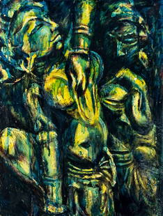 Evelyn Metzger (NY,Brazil,1911-2007) oil painting: ARTIST: Evelyn Borchard Metzger (New York, Brazilian, 1911 - 2007) TITLE: Indian Figures MEDIUM: oil on board CONDITION: Some damages to corners. Some small scratches/pain