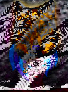 Ricardo Maya (Cuba,Nicaragua,b 1969) acrylic painting: ARTIST: Ricardo Maya (Cuban, Nicaraguan, born 1969) TITLE: Portrait of Woman MEDIUM: acrylic on canvas CONDITION: Very good. No visible inpaint under UV light. AR