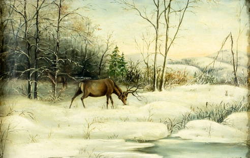 L M Rose (US,early 20C) oil painting antique: ARTIST: L M Rose (American, early 20 century) TITLE: Winter Forest Landscape with Deer MEDIUM: oil on board CONDITION: Few minor scratches/paint losses mostly by the upper e