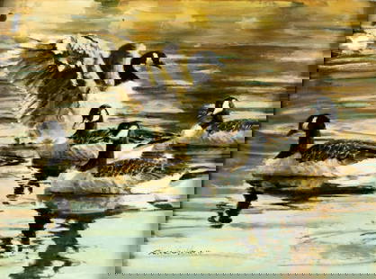 Vintage 20C American oil painting signed: ARTIST: - (American, 20 century) TITLE: Canadian Geese MEDIUM: oil on canvas board CONDITION: Overall good. No visible inpaint under UV light. Wear to frame. AR