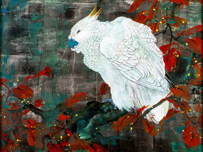 Dominic Toming Cheng (China,FL,20C) acrylic painting: ARTIST: Dominic Toming Cheng (Chinese, Florida, 20 century) TITLE: Cockatoo Parrot MEDIUM: acrylic on foil CONDITION: Very good. No visible inpaint under UV light.