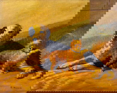 R Benson (20C) oil painting: ARTIST: R Benson (20 century) TITLE: Two Dogs MEDIUM: oil on canvas CONDITION: Unstretched (In-House stretching available). Few small paint losses. Some craquelure. No visib