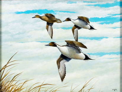 Lee Mauney (NC,20/21C) oil painting: ARTIST: Lee Mauney (North Carolina, 20/21 centuries) TITLE: Flying Pintail Ducks MEDIUM: oil on board CONDITION: Few minor scratches. No visible inpaint under UV light.