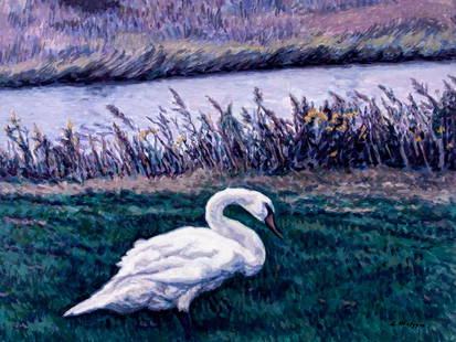 Evelyn Metzger (NY,Brazil,1911-2007) oil painting: ARTIST: Evelyn Borchard Metzger (New York, Brazilian, 1911 - 2007) TITLE: Goose - Riverhead (titled on verso) MEDIUM: oil on board CONDITION: Few minor paint losses mostly a