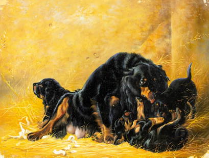S Lee (Europe,b 1944) oil painting: ARTIST: S Lee (European, born 1944) TITLE: Dog and Puppies MEDIUM: oil on board CONDITION: Some damages to corners. Some scratches/paint losses mostly along edges (see pictu