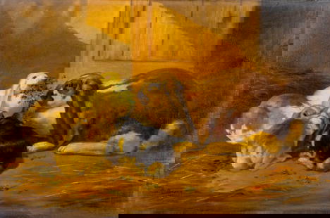 R Benson (20C) oil painting: ARTIST: R Benson (20 century) TITLE: Rabbit Family MEDIUM: oil on canvas CONDITION: Unstretched (In-House stretching available). Few minor paint losses. Some craquelure. No