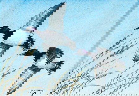 Lee Mauney (NC,20/21C) watercolor painting: ARTIST: Lee Mauney (North Carolina, 20/21 centuries) TITLE: Ring-Neck Ducks Flying MEDIUM: watercolor on paper CONDITION: Very good. Framed under glass. ART SIZE