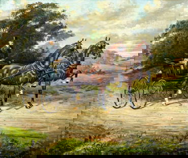William Albert Clark (UK,1880-1963) oil painting: ARTIST: William Albert Clark (United Kingdom, 1880 - 1963) TITLE: Horses - Melbourne Princess and Queen of Ayr MEDIUM: oil on canvas CONDITION: Few patches. Minor paint lo