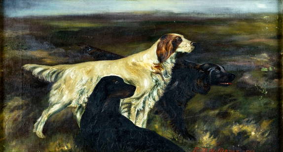 E M Williams (US,19/20C) oil painting antique: ARTIST: E M Williams (American, 19/20 centuries) TITLE: Irish Setters Dogs YEAR: 1901 MEDIUM: oil on canvas CONDITION: Three small patches. Some small pa