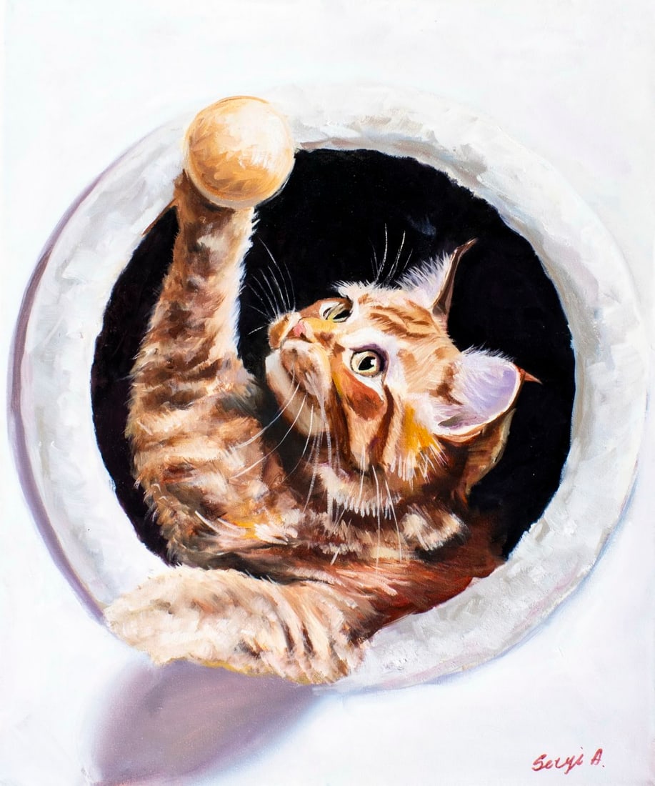 Alex Siryi (Ukraine,b 1997) oil painting: ARTIST: Alex Siryi (Ukrainian, born 1997) TITLE: Ginger Cat Playing with Ball MEDIUM: oil on canvas CONDITION: Unstretched (In-House stretching available). Very good. No vis