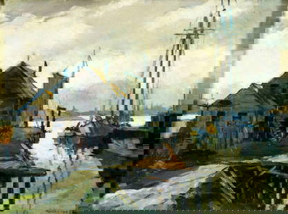 Harold Tannar (NJ,1904-1968) oil painting: ARTIST: Harold Drake Tannar (New Jersey, 1904 - 1968) TITLE: Harbor Scene MEDIUM: oil on canvas CONDITION: Minor scratches/paint losses mostly along edges. Some craquelur