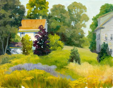 George Holloway (NJ,20C) oil painting: ARTIST: George Holloway (New Jersey, 20 century) TITLE: Village Landscape with Houses MEDIUM: oil on canvas board CONDITION: Very good. No visible inpaint under UV light.