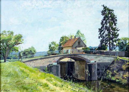 Vintage 20C American oil painting signed: ARTIST: - (American, 20 century) TITLE: Bridge Landscape YEAR: 1989 MEDIUM: oil on canvas CONDITION: Few minor paint losses. Few faint scratches. Very