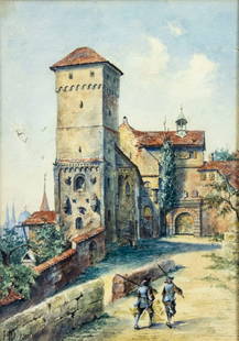 Antique 19C European oil painting signed: ARTIST: - (Europe, 19 century) TITLE: Cavaliers by Castle YEAR: 1889 MEDIUM: watercolor on paper CONDITION: Some age toning. Framed under glass. Some d