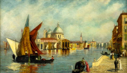 William Birdsall Gifford (IL,CA,NY,1839-1929) oil painting antique: ARTIST: William Birdsall Gifford (Illinois, California, New York, United Kingdom, 1839 - 1929) TITLE: Venice Canal Cityscape YEAR: 1900 MEDIUM: oil on canvas CO
