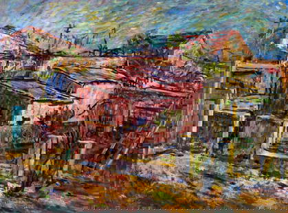 Evelyn Metzger (NY,Brazil,1911-2007) oil painting: ARTIST: Evelyn Borchard Metzger (New York, Brazilian, 1911 - 2007) TITLE: Favelas, Brazil MEDIUM: oil on board CONDITION: Some scratches/paint losses mostly along edges. No