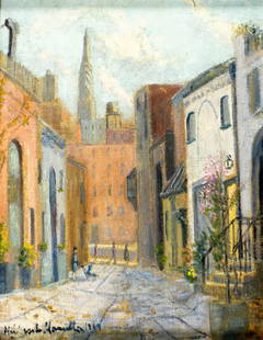 Hildegarde Hamilton (FL,VA,1898-1970) oil painting: ARTIST: Hildegarde Hume Hamilton (Florida, Virginia, 1898 - 1970) TITLE: Cityscape - Sniffen Court, New York (titled on verso) YEAR: 1964 MEDIUM: oil on canvas