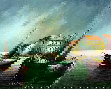 L Guinther (Europe,20C) oil painting: ARTIST: L Guinther (European, 20 centuries) TITLE: Harbor Scene with Sailboats MEDIUM: oil on canvas CONDITION: Unstretched (In-House stretching available). Some paint losse