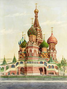 N A Popov (Russia,20C) watercolor painting: ARTIST: N A Popov (Russian, 20 century) TITLE: Cityscape - St Basils Cathedral, Moscow, Russia (titled on verso) YEAR: 1990 MEDIUM: watercolor on heavy paper COND