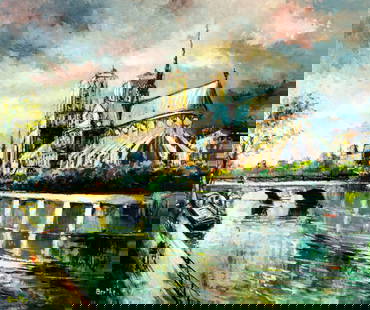 H Berthe (France,20C) oil painting: ARTIST: H Berthe (French, 20 century) TITLE: Paris Cityscape, France MEDIUM: oil on canvas CONDITION: Unstretched (In-House stretching available). Minor craquelure. No visib