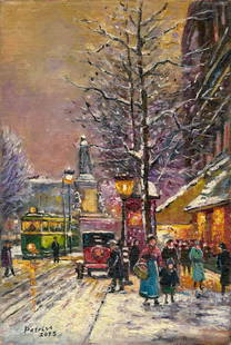 Zoriana Petriv (Ukraine,b 1994) oil painting: ARTIST: Zoriana Petriv (Ukrainian, born 1994) TITLE: Cityscape - Parisian Winter, France (titled on verso) YEAR: 2015 MEDIUM: oil on canvas CONDITION: U