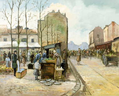 Bernard H Slotman (German,1928-?) oil painting: ARTIST: Bernard H Slotmann (Germany, 1928 - ???) TITLE: Market Scene MEDIUM: oil on canvas CONDITION: Unstretched (In-House stretching available). Overall good. No visibl
